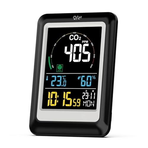 Monitor de calidad del aire 5 en 1, medidor CO2, detector dióxido carbono tiempo Real, Detector Digital temperatura y humedad, Reloj Atmos