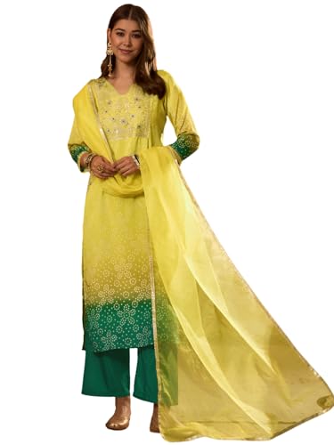 Image of Naixa Women's Lemon Chinon Embroidered Printed Straight Kurta with Green Pant | Chinon Laced Dupatta Set | 3 /4 Sleeve | V-Neck | Haldi (Available in Plus Size)