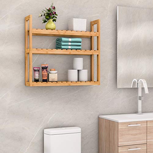 Domax Bamboo Bathroom Shelf 3-Tier Wall Mount Storage Rack Multifunctional Adjustable Layer Free Standing Over Toilet Utility Shelves Living Room Kitchen (Bamboo) #TOP1