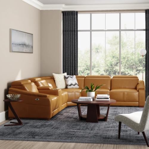 Image of Homax. Royale Leatherette Upholstered 5 Seater Power Reclining Sectional Sofa with Adjustable Headrests, Built-in Console & USB Charging Ports, Colour - Camel Brown
