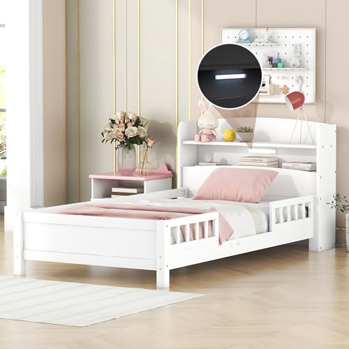 SOFTSEA Twin Size Bed Frame for Kids, Platform Bed with Storage Headboard and LED Light, Wood Platform Bed Frame with Fence Guardrails, Kids Twin Bed Frame, No Box Spring Needed, White