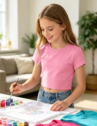 Image of Auranso Girls Crop Tops Kids Short Sleeve T-Shirts Basic Summer Tee Top