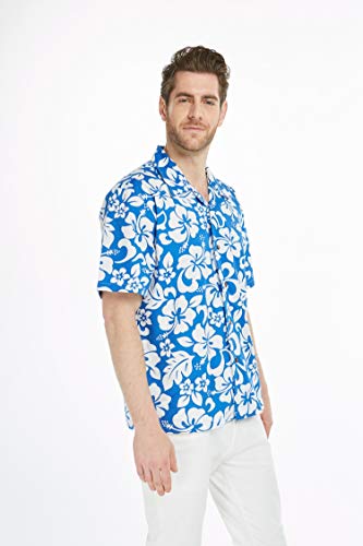Image of Couple Matching Hawaiian Luau Men Shirt and Women Vintage Fit and Flare Dress in Classic Vintage Hibiscus