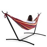 Sweetcrispy Double Hammock with Space Saving Steel Stand Heavy Duty 2 Person Standing Hammocks 450lb Capacity for Outside Garden Yard with Portable Carrying Bag, Red