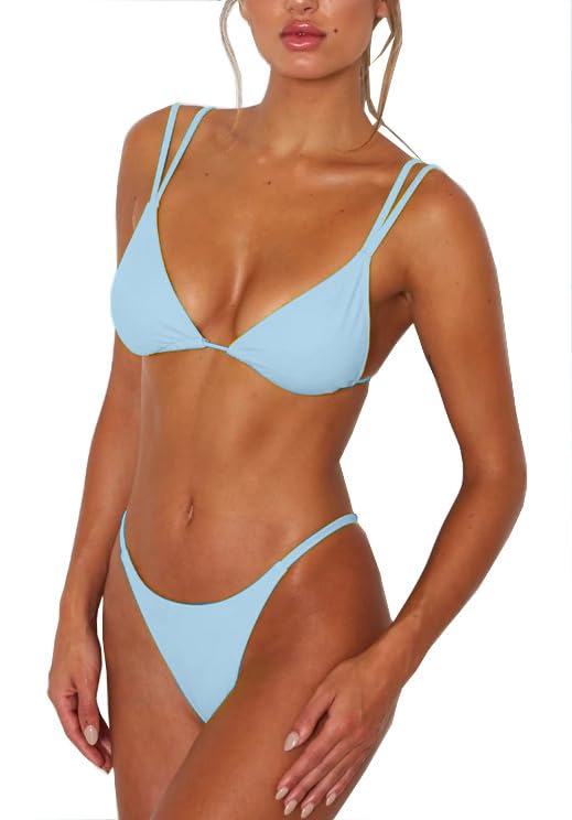 Image of Women's Sexy Thong Bottom Two Piece Bikini Double Shoulder Straps Cute Swimsuit Triangle Bathing Suit