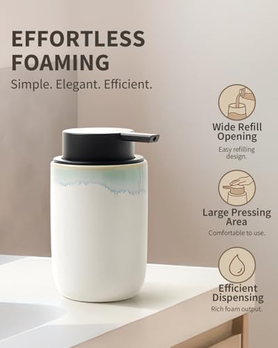 Image of BosilunLife Hand Soap Dispenser - Foam Soap Dispenser Bathroom Ceramic Dish Liquid Soap Dispenser for Kitchen, Bathroom Countertop Soap Dispensers (White with Blue-Green Rim Foam Pump)