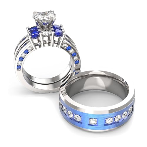 3pc Couples Wedding Ring Sets His And Hers Women Sterling Silve Moissanite and men Wedding Bands Together With Jewelry Box