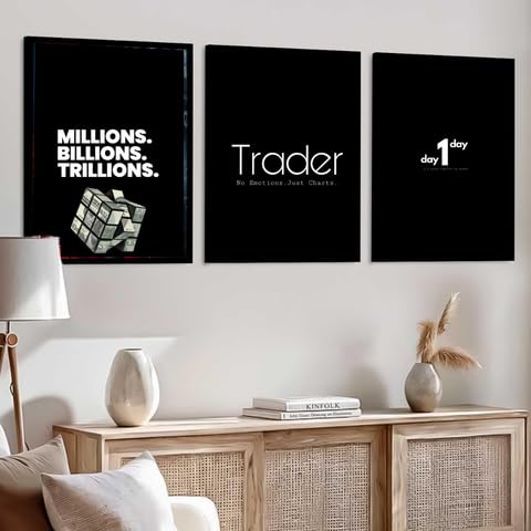 Image of DAKSHESTRY ARTWORKS Set of 3 Trader Motivational Wall Art Prints - Black Minimalist Finance Success Quote Framed Posters for Office Bedroom Home Decor (A4 8x12 Inch, Black Frame)