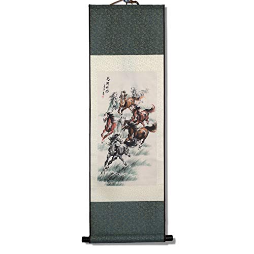 Sweethome Asian Silk Scroll & Picture Scroll & Wall Scroll Calligraphy Hanging Artwork (Great Horses Meaning Of Immediate Success) #TOP2
