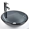 Bathroom Vessel Sink, Tempered Glass Vanity Round Bowl with Chrome Faucet and Pop up drain Set, Bluish Grey