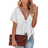 Ejoyous Camiseta de mujer con cuello en V de color liso, manga corta, dobladillo con volantes y corbata frontal, parte superior para mujer, ajuste informal holgado, fiestas (XL-blanco)