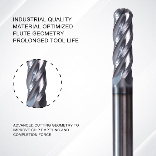 Image of NZ 3 /16 inch 4-Flute Ball Nose End Mill | CNC Milling Bits AlTiN Coated Carbide for Alloy Steel, Hardened Steel | 5-Pack