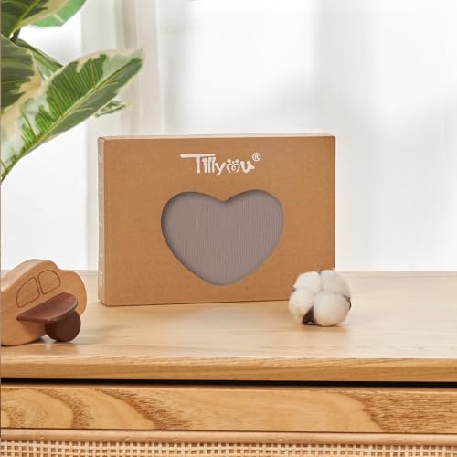 Image of TILLYOU Muslin Mini Crib Sheets 2 Pack, Pack and Play Mattress Sheets Fitted for Pack N Play, 38 x 26 Sheet for Toddler, Grey Brown and Light Brown