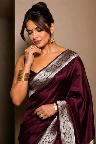 Image of Women's Glory Womens Satin Saree with Silver Woven Border | Elegant Plain Glossy Silk Saree for Party, Wedding, Reception & Festive Style with Unstitched Blouse Piece