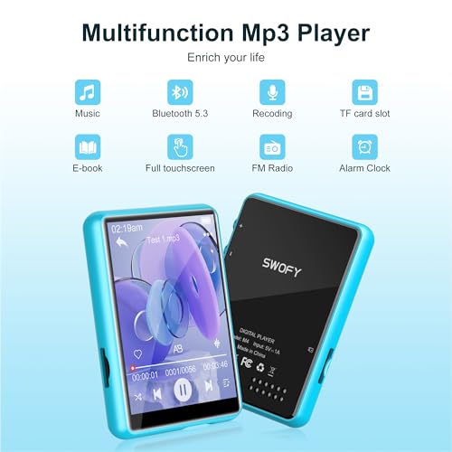 Image of SWOFY 64GB MP3 Player with Bluetooth 5.3, 2.4-Inch Full Touch Screen, Portable Lossless Sound Music Player with HD Speaker, MP3 with FM Radio Recording e-Book, Record, Earphone Included-Blue