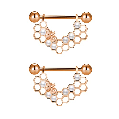 Flogwe Bee Nipple Rings 14G Surgical Steel 316L 2Pcs Honeycomb Nipple Barbells Pearl Nipple Rings Body Piercing Jewelry For Women… #TOP6