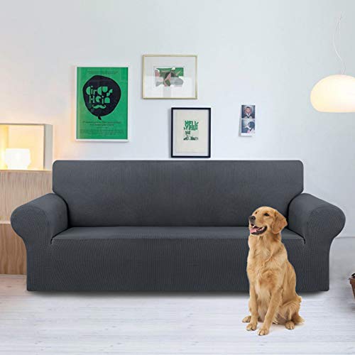 KEKUOU Stretch Oversized Sofa Slipcover 1 Piece Couch Sofa Cover (94"-110") Furniture Protector 4 Seater Sofa with Elastic Bottom for Kids,Pet.Jacquard Checked Pattern Fabric(X Large,Charcoal)