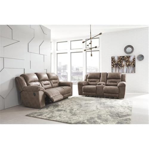 Image of Signature Design by Ashley Stoneland Reclining Sofa, Dual-Sided Manual Recliner Couch with Faux Leather Upholstery, Wall Hugger Comfort for Living Room Seating, 90 Inches Wide, Brown