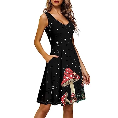 Image of Women's Casual Loose Sundress Midi Sleeveless Crewneck Dress Summer Beach Tank Dress with Pockets