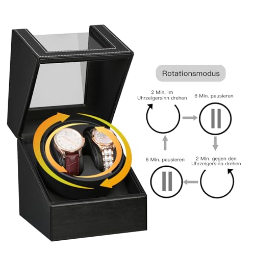 DRAIGERWAY Automatische Uhrenbeweger Box,luxuriöser Uhrenbeweger,Uhrengehäuse mit leisem Mabuchi Motor,Batteriebetrieb oder Netzteil PU Leder (Schwarz PU-DGW)