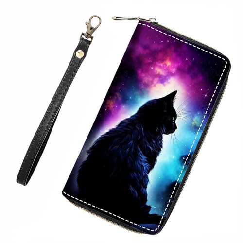 Galaxy Nebula Black Cat Wallet for Women with Credit Card Holder Coin Money Clip PU Leather Zip Around Clutch Wallet