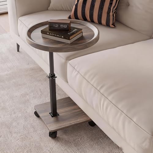 Ztexkee Table d'appoint à roulettes, Bout de Canapé Hauteur(45-80 cm) Réglable et Forme C Rotative à 360°, Table de Chevet Réglable, Petit Table Ronde pour la...
