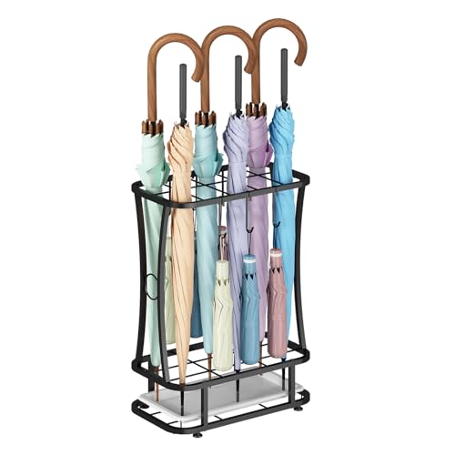 Wisdom Star Umbrella Stands for Outdoors, Metal Umbrella Stands for Entryway with Removable Drip Tray and 6 Hooks, Industrial Free Standing Umbrella Rack Organizer, Holds 10 Umbrellas, Black