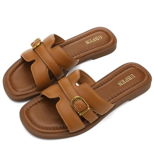 Image of UBFEN Womens Square Toe Flat Sandals Slides Dressy Comfortable for Beach