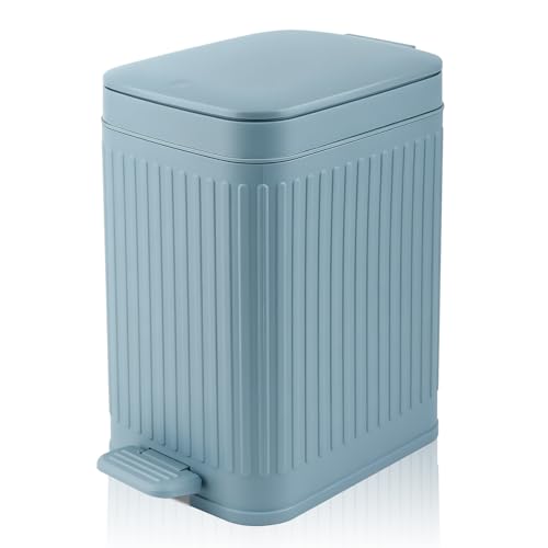 Image of rejomiik Small Bathroom Trash Can with Lid Slim Soft Close Garbage Can Step Wastebasket Container Trash Bin for Office Bedroom Kitchen Living Room 1.9 Gallon, Light Blue