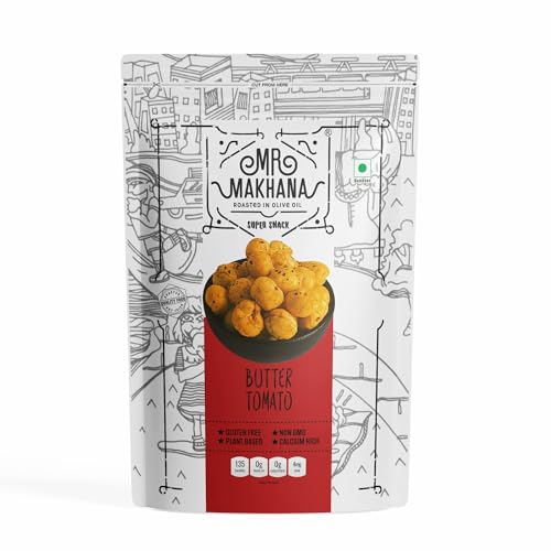 Image of Mr. Makhana Roasted Makhana and Foxnuts | Healthy Snacks | Gluten Free | MSG Free | Antioxidant | Rich Calcium | Zero Trans Fat | Zero cholesterol (Butter Tomato, 55G)