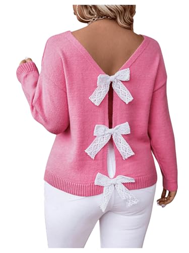 Image of GORGLITTER Women's Plus Bow Lace Open Back Sweater Long Sleeve Knit Fall Coquette Pullover Tops Pink 3X-Large Plus