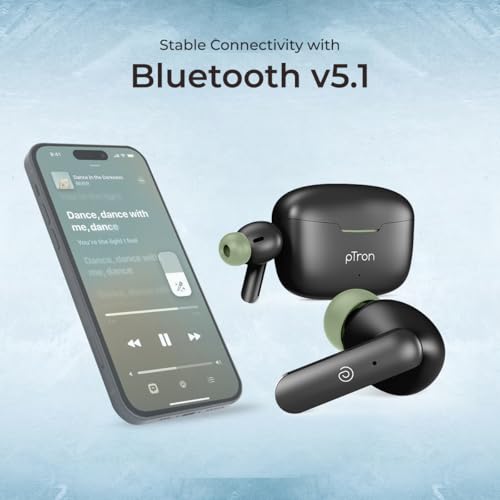 Image of pTron Basspods P81 In-Ear Wireless Earbuds, Pristine Sound, 32Hrs Playtime, Clear Calls TWS Earbuds, Bluetooth V5.1 Headphone, Type-C Fast Charging, Voice Assist & IPX4 Water Resistant (Black & Green)