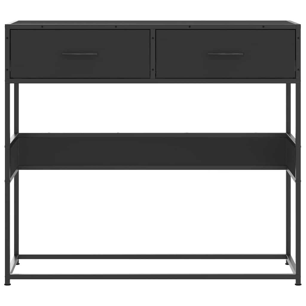 Stolik konsolowy, czarny, materiał drewnopochodny, 90 x 35 x 80 cm, z metalowym stelażem, schowkiem, szufladą i półką, stolik pomocniczy do salonu, sypialni, korytarza, stabilny i łatwy w