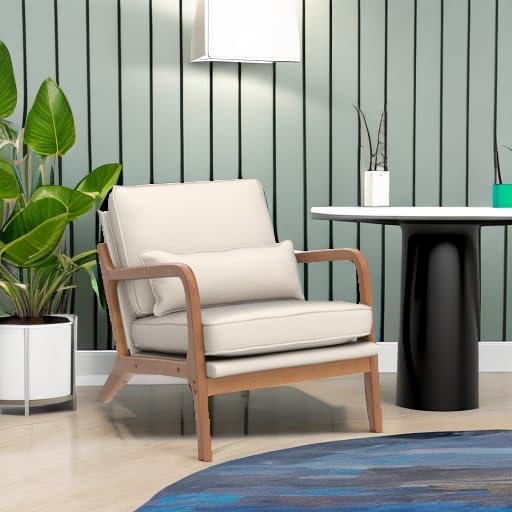 Miniatura 5 de Hommoo Silla decorativa de tela de lino con brazo, moderna silla de lectura de mediados de siglo con marco de madera, cómoda silla de ocio con