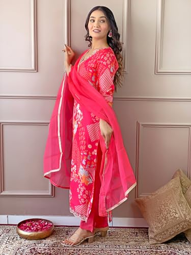 Image of Naixa Women's Chanderi Embroidered Straight Kurta with Pant and Dupatta Sets (NX2-527)