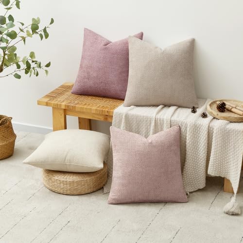 Image of MIULEE Pack of 4 Valentines Couch Throw Pillow Covers 20x20 Inch Neutral Pink Cute Decorative Chenille Pillows Farmhouse Boho Accent Cushion Covers for Coquette Room Spring Decor Sofa Bed Living Room