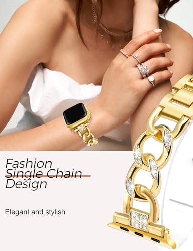 Image of JR.DM Gold Watch Bands for Women Compatible with Apple Watch 38mm 40mm 41mm 42mm(S10 /11) Bling Diamond Adjustable Metal Single Chain Bracelet for iWatch Series 11 /10 /9 /8 /7 /6 /5 /4 SE 3 /2 /1(No Case)