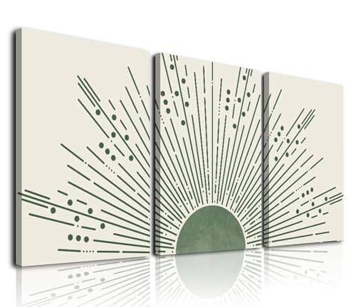 KBKBART Sage Green Boho Sun Wall Art Set of 3, Framed Canvas Wall Art Sun Rising on the Horizon Geometric Illustrations Line Art Wall, Mid-Century Modern Prints Sage Green Wall Decor Living(AMZT195)