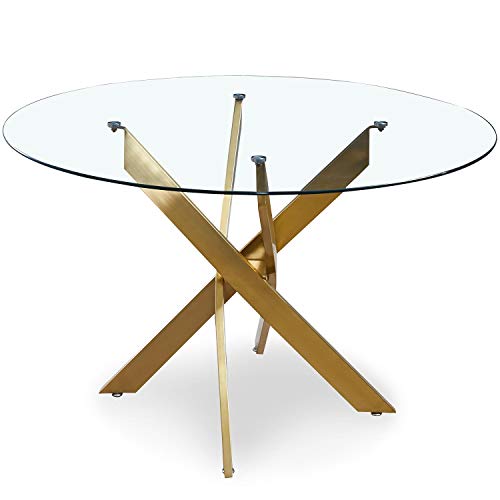 Menzzo Table Ronde, Métal, Or, L120 x P120 x H75 cm Verre de 8mm d'épaisseur