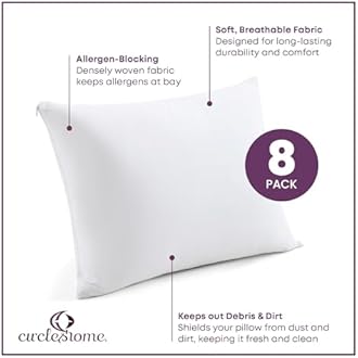CirclesHome Zippered Pillow Protectors 100% Cotton, Healthy Breathable & Quiet (8 Pack) White Pillow Covers Protects from Dirt, Debris (Queen - Set of 8-20x30)