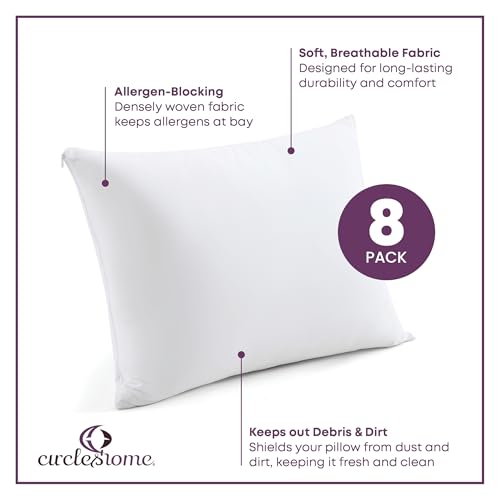 CirclesHome Zippered Pillow Protectors 100% Cotton, Healthy Breathable & Quiet (8 Pack) White Pillow Covers Protects from Dirt, Debris (Queen - Set of 8-20x30)