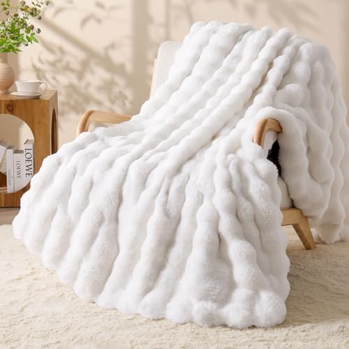 Image of BEDELITE Faux Fur Throw Bubble Blanket for Couch, 50 inch x 60 inch, White