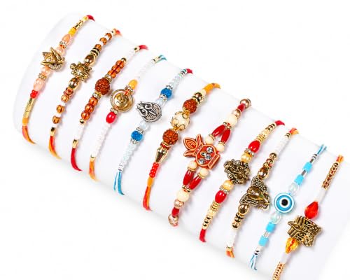 Dugan Set of 12 Rakhi Set with Rakhi Greeting Card Roli Chawal Packet - Raksha bandhan Rudraksha Rakhi Bracelet for Brother Om Ganesha Rakhi for Bhaiya - GMRK015