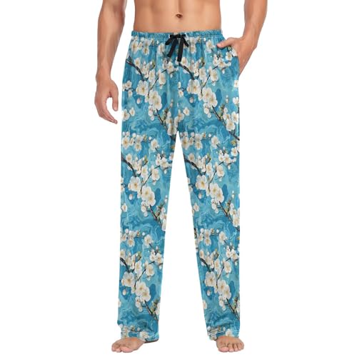 ALAZA Vintage Cherry Flowers Blue Men’s Pajama Pants Soft Long Sleep Pants Lounge Pajama Bottoms with Pockets3
