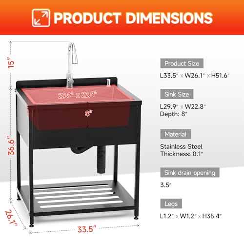 Image of Stainless Steel Utility Sink, 33.5 inch x 26.1 inch x 36.6 inchFreestanding Sink with Cold and Hot Water Faucet,Hoses and Drain Kit for Kitchens, Bathrooms, Garage, Laundry Room