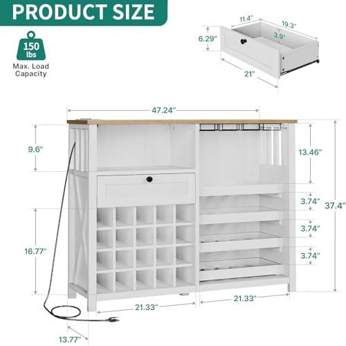 DWVO 47" Wine Bar Cabinet with LED Lights and Power Outlets, Modern Liquor Cabinet with Storage and Drawer, Bar Table with Wine Rack for Kitchen Dining Living Room, Washed White