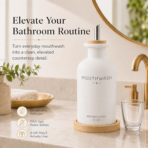 Image of Mouthwash Dispenser for Bathroom, 12 OZ Refillable Glass Mouthwash Bottle with Cup and Bamboo Tray, Decorative Mouth Wash Dispenser Set for Bathroom (White)