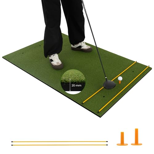 COSTWAY Tapete de Golf 3 en 1, Alfombrilla de Césped Sintético, Densidad 20/25mm, 2 Tees/2 Palos de Alineación, 3 Orificios para Tees, Uso Interno y Externo (152 x 92 cm/20mm)