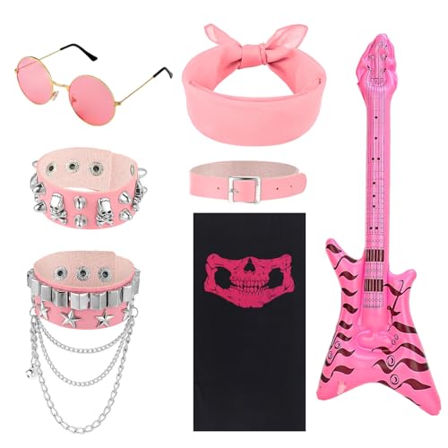 7Pcs Punk Gothic Rocker Costume Set,Rock Heavy Metal Accessories with Retro Sunglasses Bandana Bracelet Inflatable Guitar for Women Men Halloween 80s Disco Party
