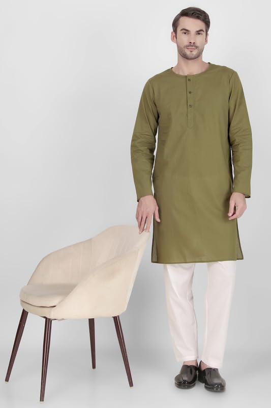 Mens Indian Casual Cotton Kurta Pajama Set - Olive - Crew Neck4